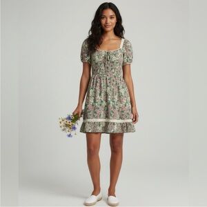 Urban Outfitters Prairie Green Floral Scoop Neck Mini Dress Size M